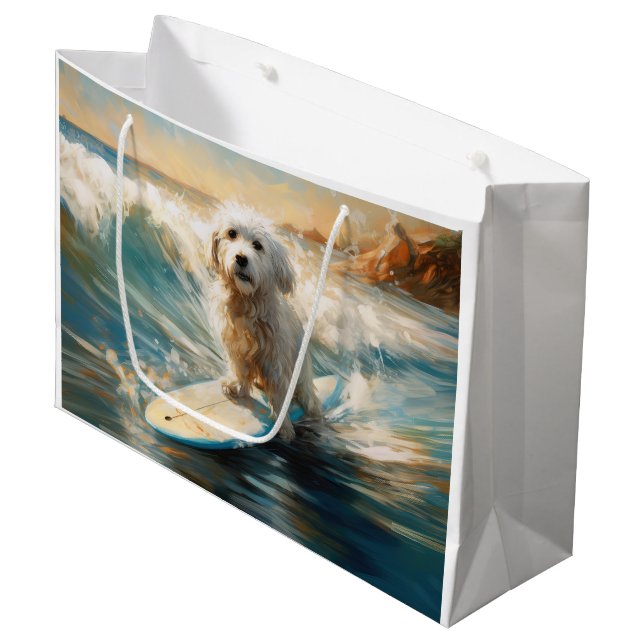 Coton De Tulear Beach Surfing Painting Large Gift Bag (Front Angled)