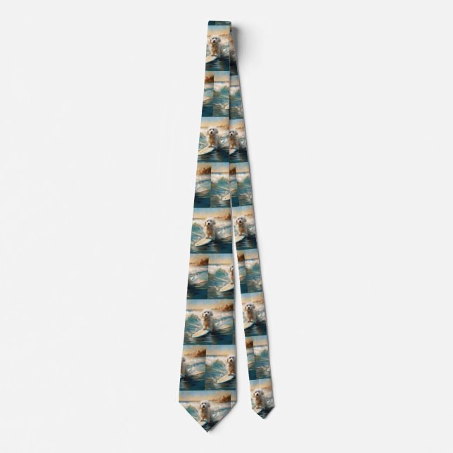 Coton De Tulear Beach Surfing Painting Neck Tie (Front)