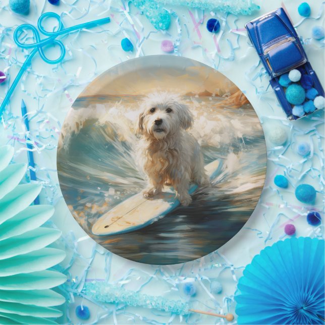 Coton De Tulear Beach Surfing Painting Paper Plates (Party)