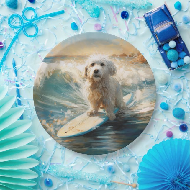 Coton De Tulear Beach Surfing Painting Paper Plates (Party)