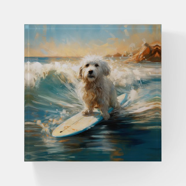 Coton De Tulear Beach Surfing Painting Paperweight (Front)