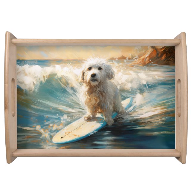 Coton De Tulear Beach Surfing Painting Serving Tray (Front)