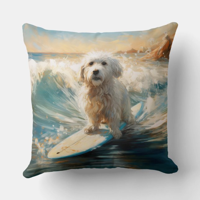 Coton De Tulear Beach Surfing Painting Throw Pillow (Back)