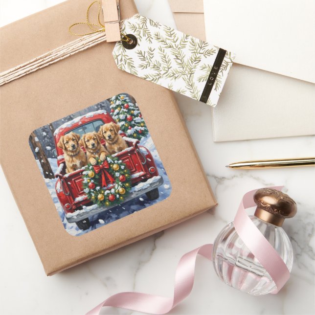 Coton de Tulear Christmas Red Truck Holiday Square Sticker (Gifting)