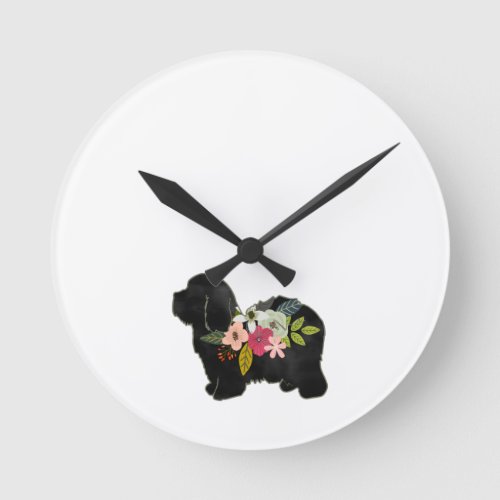 Coton de Tulear Dog Breed Boho Floral Silhouette Round Clock