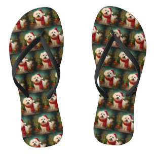 Coton De Tulear Dog in Snow Christmas Flip Flops