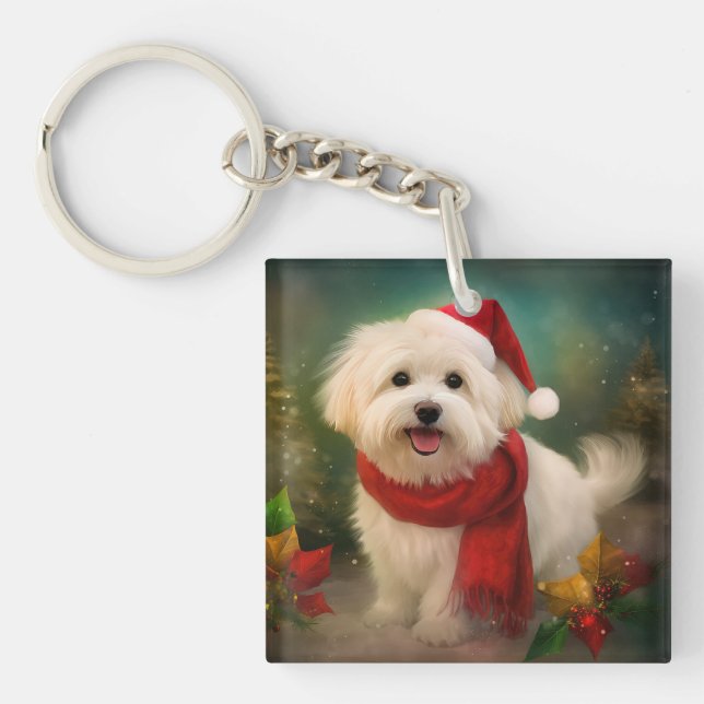 Coton De Tulear Dog in Snow Christmas Keychain (Front)