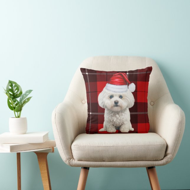 Coton de Tulear Dog Red Plaid Christmas Throw Pillow (Chair)