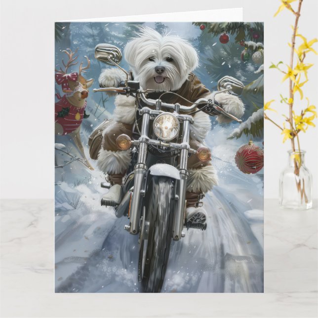 Coton De Tulear Dog Riding Motorcycle Christmas  Card (Yellow Flower)