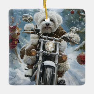 Coton De Tulear Dog Riding Motorcycle Christmas Ceramic Ornament