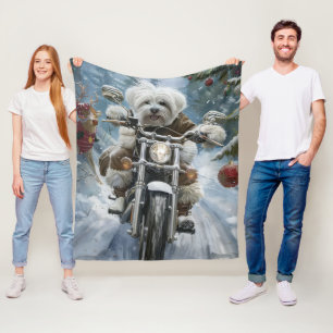 Coton De Tulear Dog Riding Motorcycle Christmas Fleece Blanket