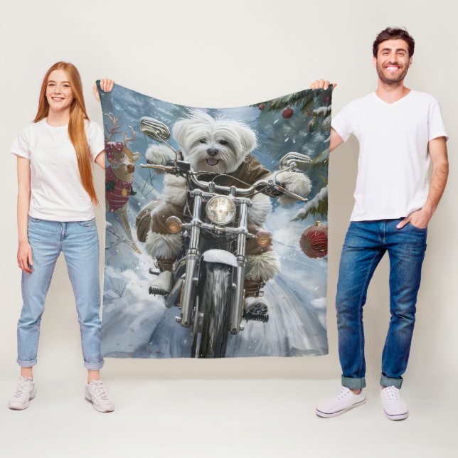 Coton De Tulear Dog Riding Motorcycle Christmas  Fleece Blanket (In Situ)