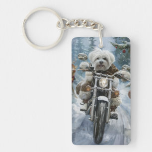 Coton De Tulear Dog Riding Motorcycle Christmas Keychain