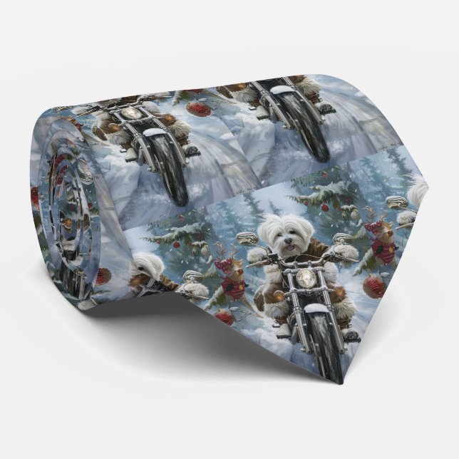 Coton De Tulear Dog Riding Motorcycle Christmas  Neck Tie (Rolled)
