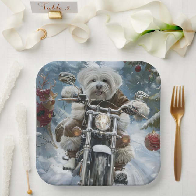Coton De Tulear Dog Riding Motorcycle Christmas  Paper Plates (Wedding)