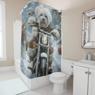 Coton De Tulear Dog Riding Motorcycle Christmas Shower Curtain