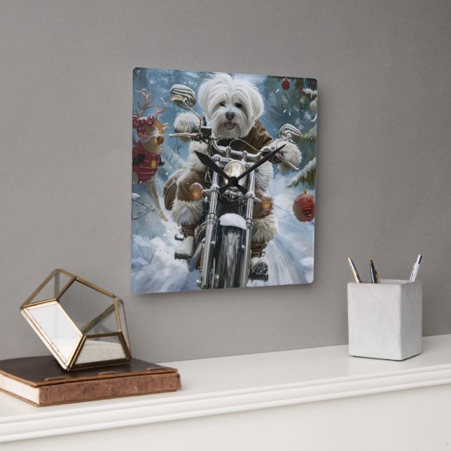 Coton De Tulear Dog Riding Motorcycle Christmas  Square Wall Clock (Office)