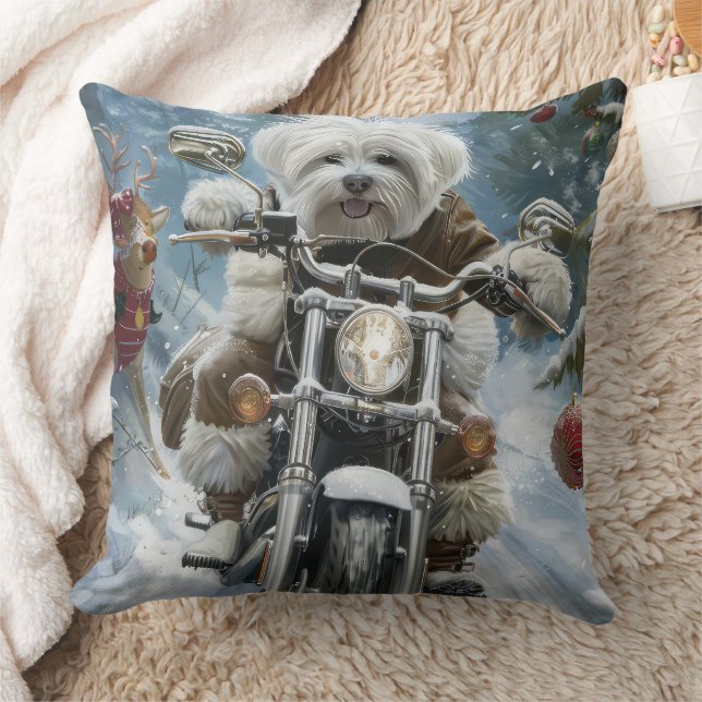Coton De Tulear Dog Riding Motorcycle Christmas  Throw Pillow (Blanket)