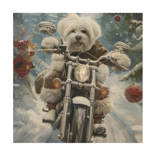 Coton De Tulear Dog Riding Motorcycle Christmas  Wood Wall Art