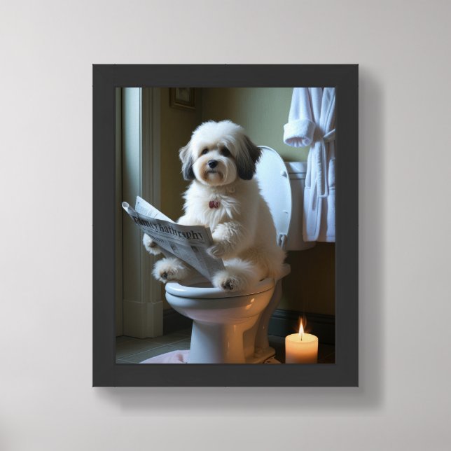Coton De Tulear Dog Sitting On Toilet Funny Framed Art (Framed Front)