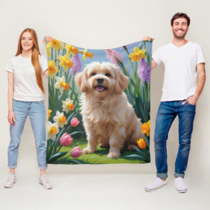 Coton De Tulear Dog Spring Flowers Painting Fleece Blanket
