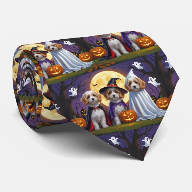 Coton De Tulear Dogs Pumpkin Halloween Funny  Neck Tie (Rolled)