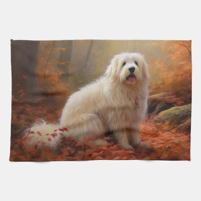 Coton De Tulear in Autumn Leaves Fall Inspire  Kitchen Towel (Horizontal)