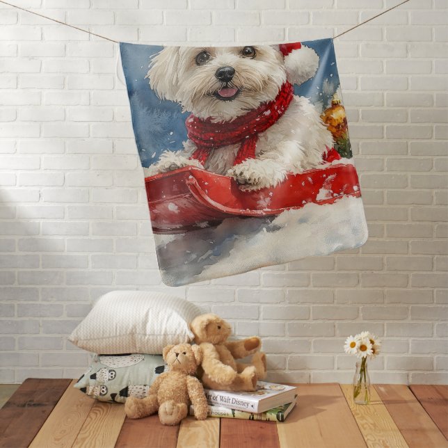 Coton De Tulear in Sledge Let it Snow Christmas Baby Blanket (In Situ)