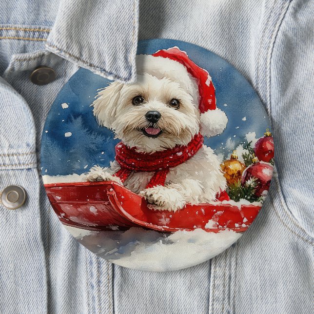 Coton De Tulear in Sledge Let it Snow Christmas Button (In Situ)