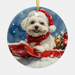 Coton De Tulear in Sledge Let it Snow Christmas Ceramic Ornament
