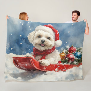 Coton De Tulear in Sledge Let it Snow Christmas Fleece Blanket