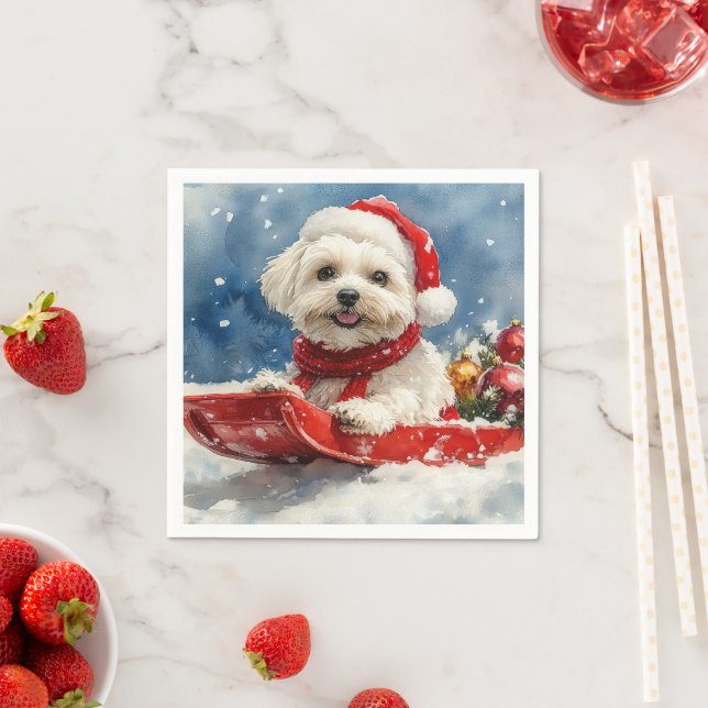 Coton De Tulear in Sledge Let it Snow Christmas Napkins (Insitu)