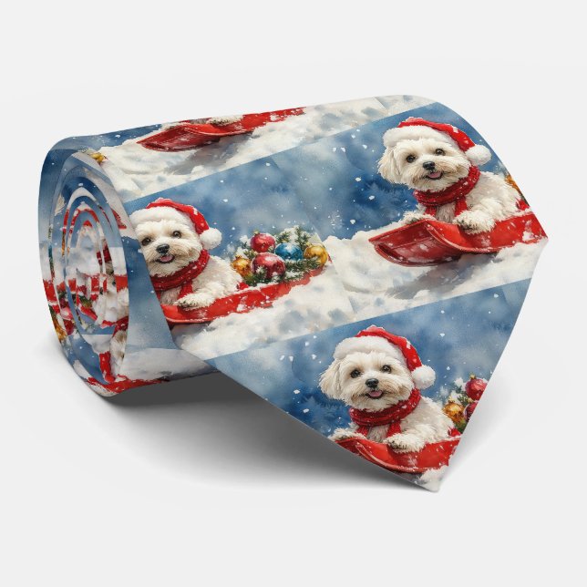 Coton De Tulear in Sledge Let it Snow Christmas Neck Tie (Rolled)