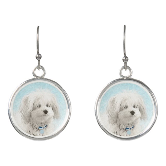 Coton de Tulear Painting - Cute Original Dog Art Earrings (Front)