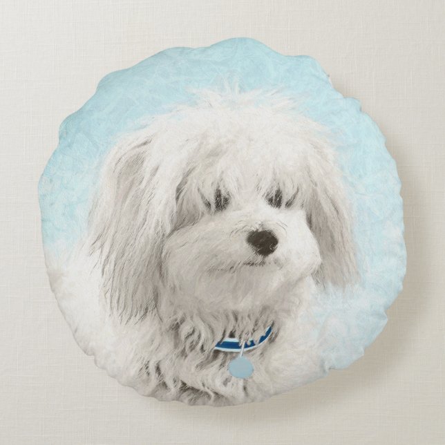 Coton de Tulear Painting - Cute Original Dog Art Round Pillow (Back)
