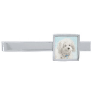 Coton de Tulear Painting - Cute Original Dog Art Silver Finish Tie Bar