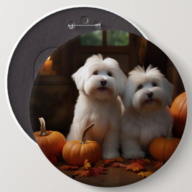 Coton De Tulear Puppy Autumn Delight Pumpkin  Button (Front & Back)