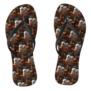 Coton De Tulear Puppy Autumn Delight Pumpkin Flip Flops