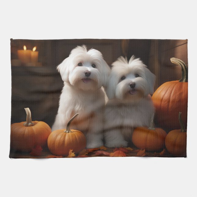 Coton De Tulear Puppy Autumn Delight Pumpkin  Kitchen Towel (Horizontal)
