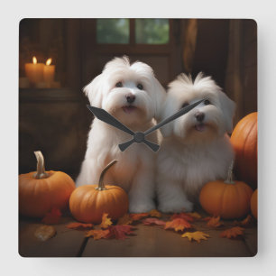 Coton De Tulear Puppy Autumn Delight Pumpkin  Square Wall Clock