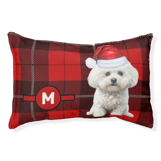 Coton de Tulear Red Plaid Monogrammed Dog Pet Bed (Front)
