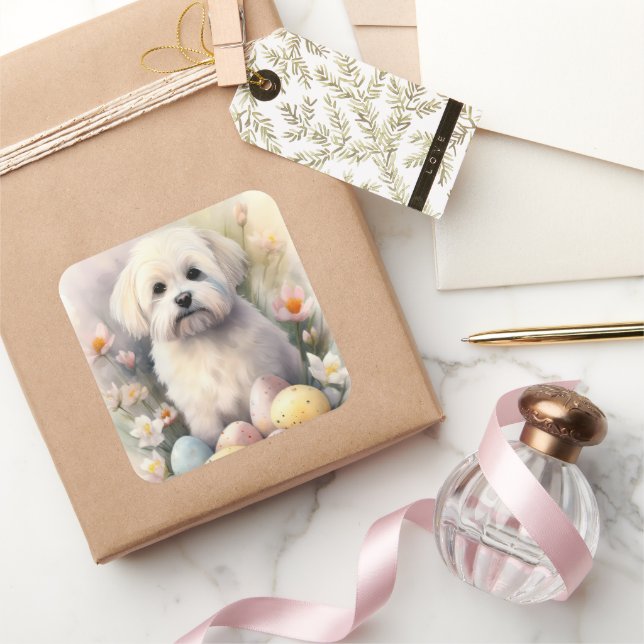 Coton De Tulear with Easter Eggs Holiday Square Sticker (Gifting)