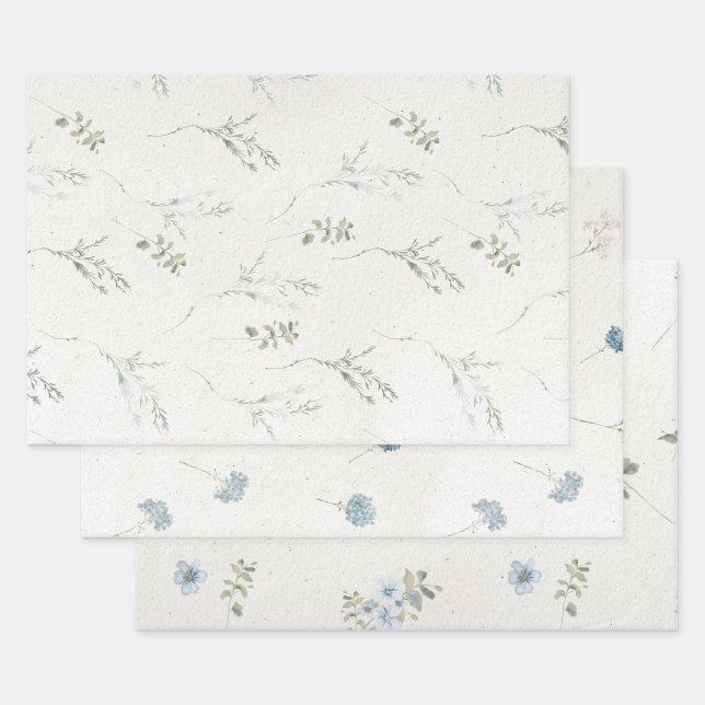 Cotswolds Blue Winter Florals Faux Handmade Wrapping Paper Sheets (Set)