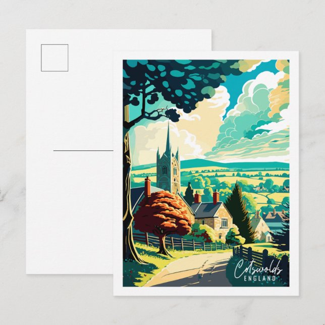 Cotswolds England vintage travel illustration Postcard (Front/Back)