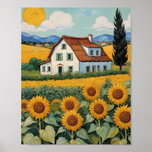Cottage amidst Sunflower Fields Poster (Front)