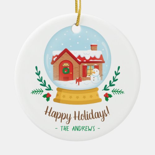 Cottage and Snowman Christmas Snow Globe Ornament