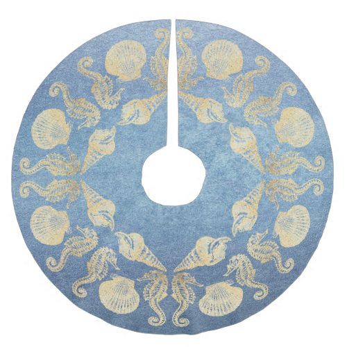 Cottage Beach Faux Metallic Blue Gold Sea Shell Brushed Polyester Tree Skirt