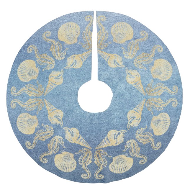 Cottage Beach Faux Metallic Blue Gold Sea Shell Brushed Polyester Tree Skirt (Front)