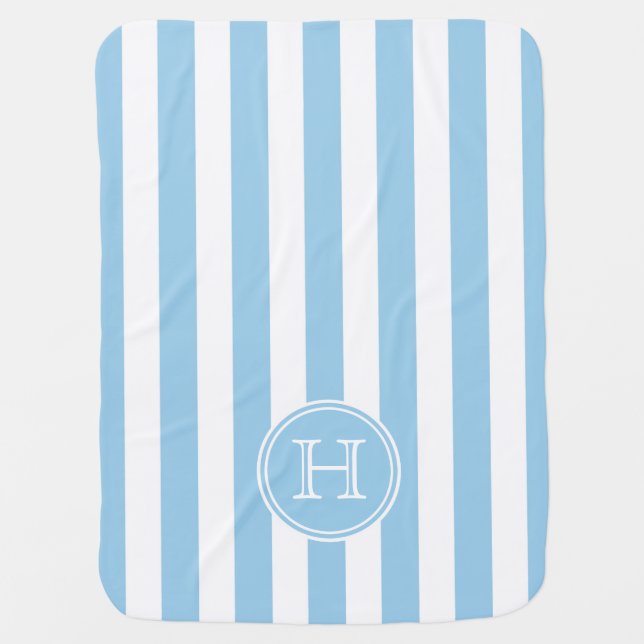 Cottage Blue and White Stripe Monogram Swaddle Blanket (Front)