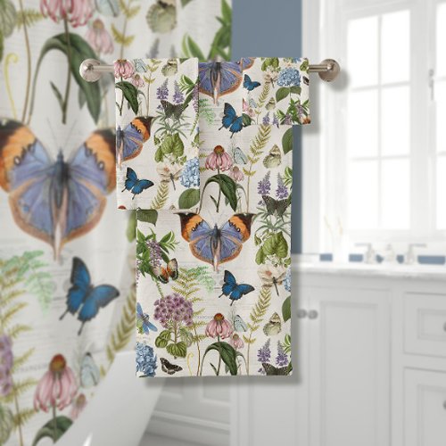 Cottage Blue Hydrangea Floral Botanical Butterfly Bath Towel Set